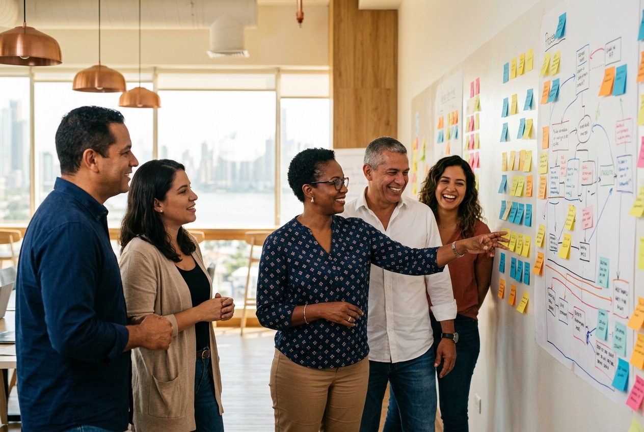 Equipo de trabajo revisando un mapa de procesos en una pared con notas adhesivas durante un taller